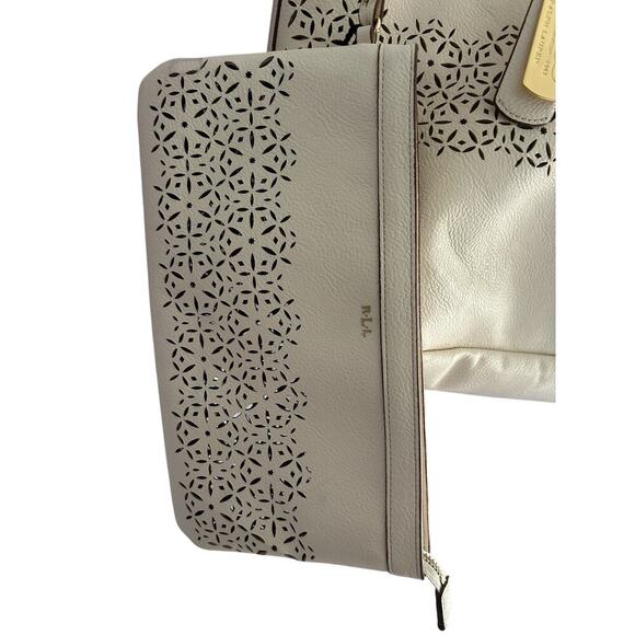 Ralph Lauren Laser Cut Perforated Chantilly Classic Tote Bag & Clutch Ivory Read - Picture 8 of 16